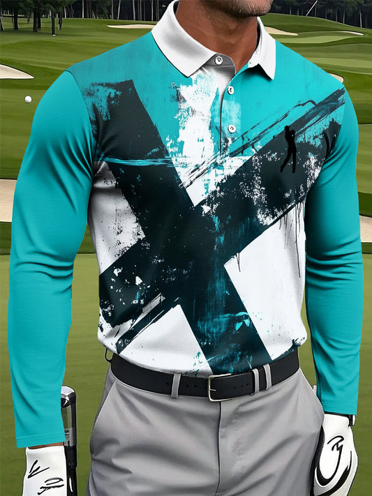 Men's Retro Line Graffiti Print Casual Business Long-Sleeved Polo Shirt