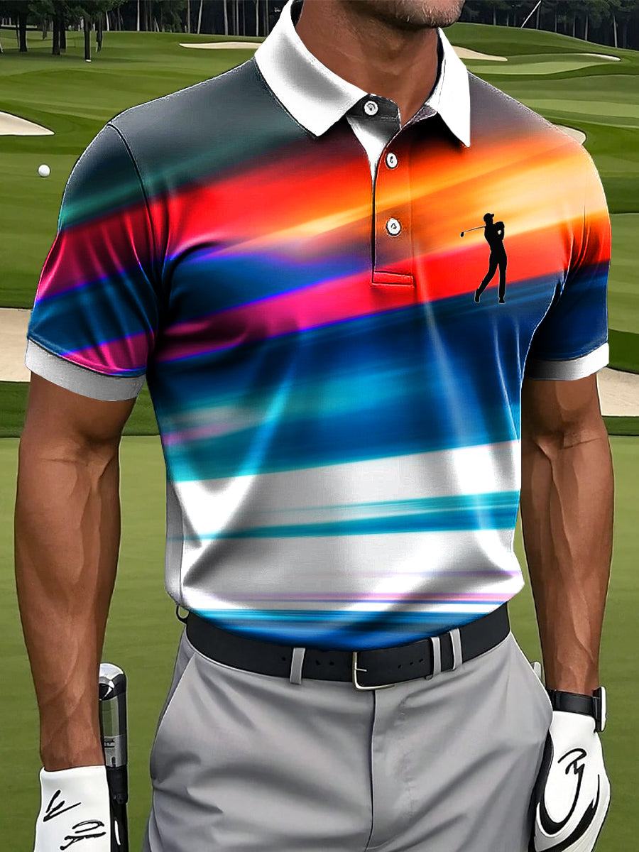 Men's Retro Color Gradient Striped Print Casual Business Polo Shirt