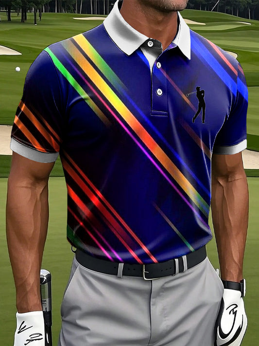 Men's Retro Colorful Striped Print Casual Business Polo Shirt