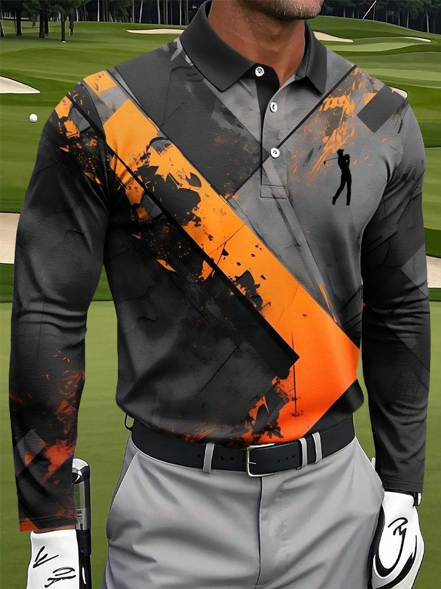 Men's Retro Abstract Geometric Print Casual Business Long-Sleeved Polo Shirt