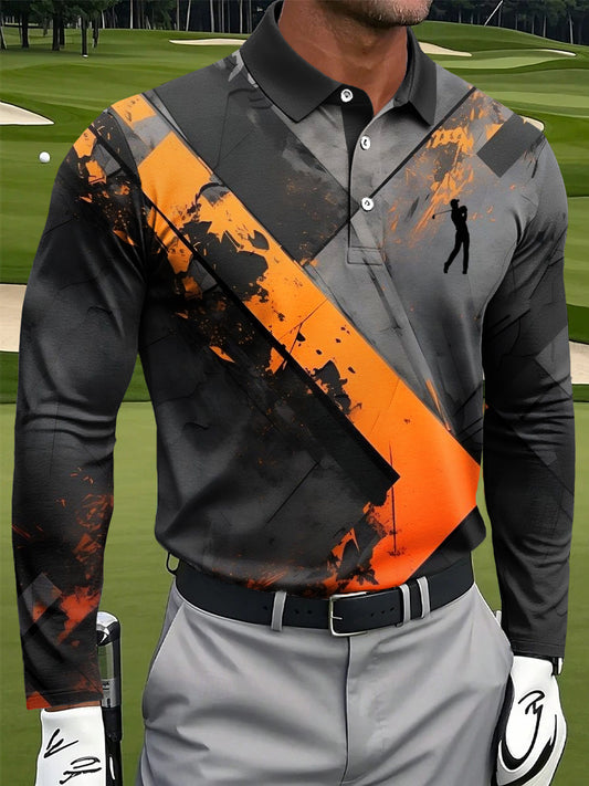 Men's Retro Abstract Geometric Print Casual Business Long-Sleeved Polo Shirt