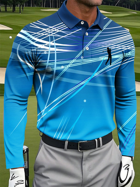 Men's Retro Abstract Line Print Casual Business Long-Sleeved Polo Shirt