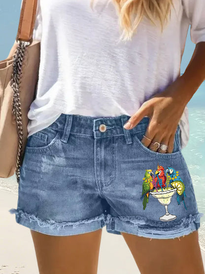 Women's I'm Retired It's 5 O'clock Everywhere Parrot Print Casual Denim Shorts