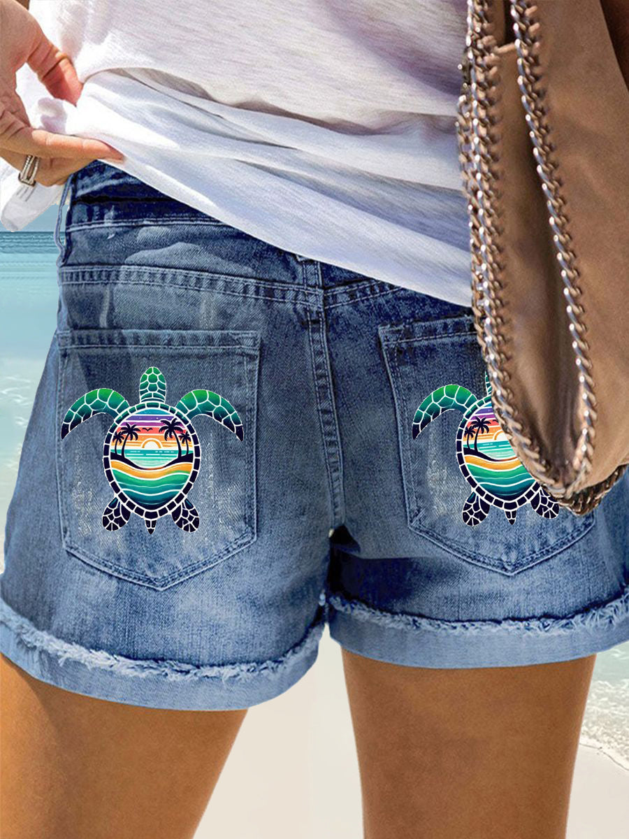 Women's Sea Turtle Print Casual Denim Shorts
