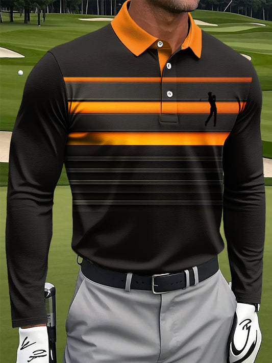 Men's Classic Gradient Striped Art Print Casual Long-Sleeved Polo Shirt