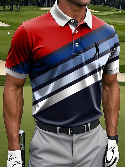 Men's Retro Colorful Striped Artistic Print Casual Polo Shirt