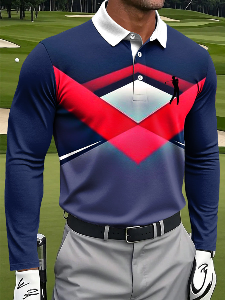 Men's Retro Striped Geometric Art Print Casual Long-Sleeved Polo Shirt