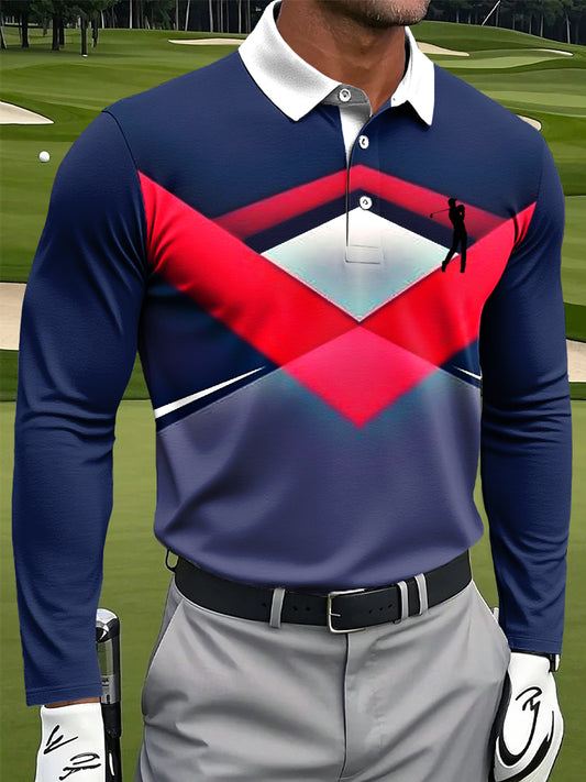 Men's Retro Striped Geometric Art Print Casual Long-Sleeved Polo Shirt