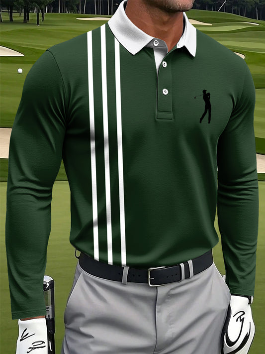 Men's Classic Striped Art Print Casual Long-Sleeved Polo Shirt