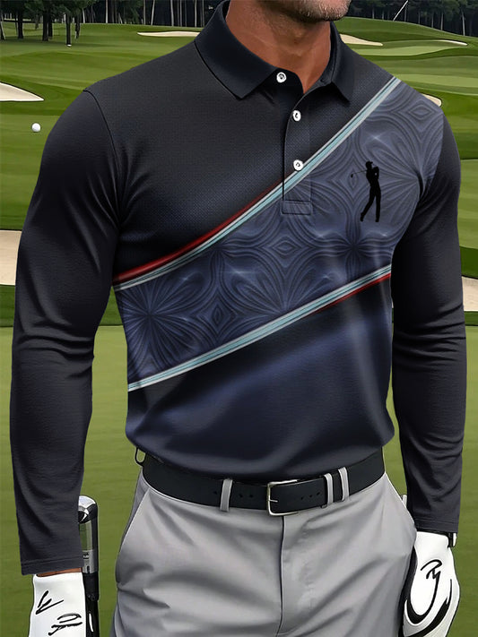 Men's Retro Striped Textured Art Print Casual Long-Sleeved Polo Shirt
