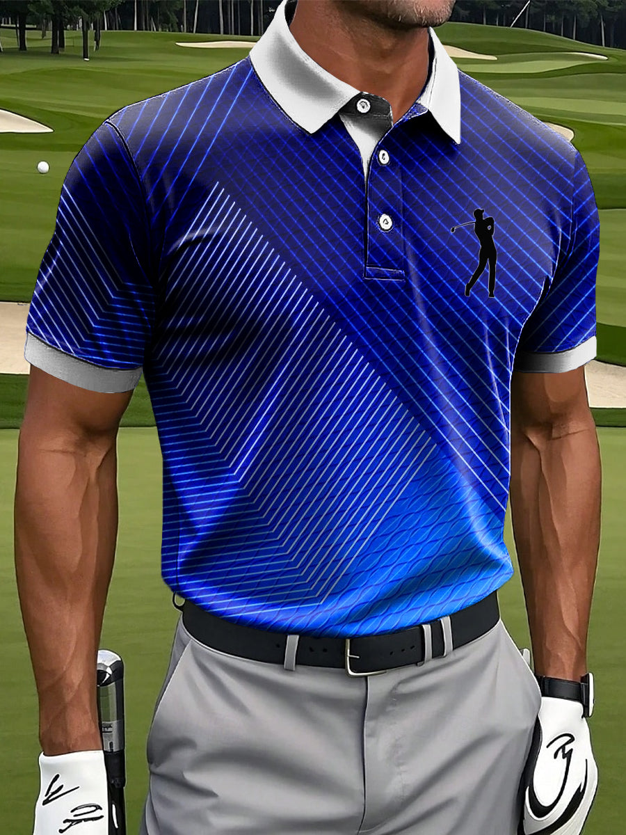 Men's Retro Gradient Stripe Textured Art Print Casual Polo Shirt