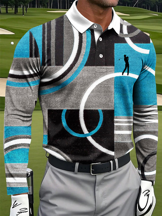 Men's Retro Colorful Geometric Art Print Casual Long-Sleeved Polo Shirt