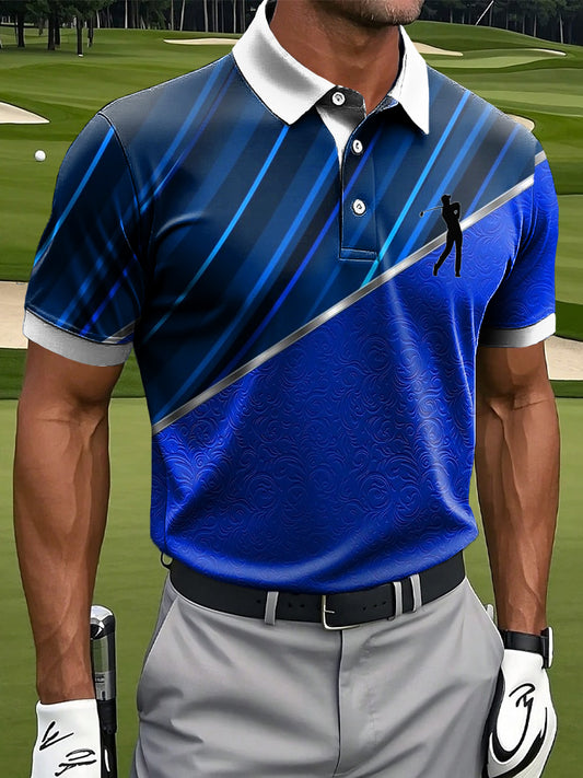 Men's Retro Striped Textured Art Print Casual Polo Shirt