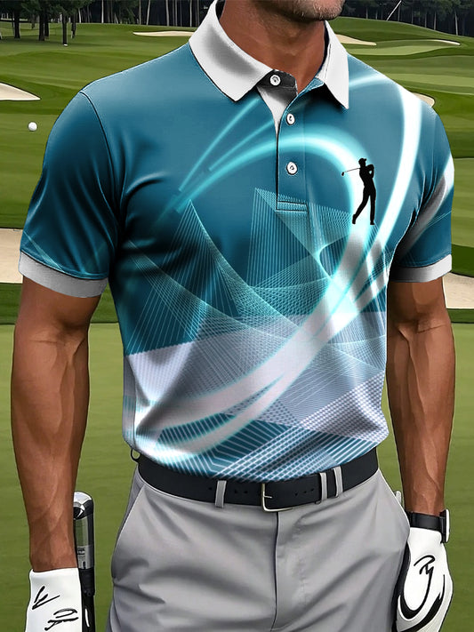 Men's Retro Irregular Line Art Print Casual Polo Shirt