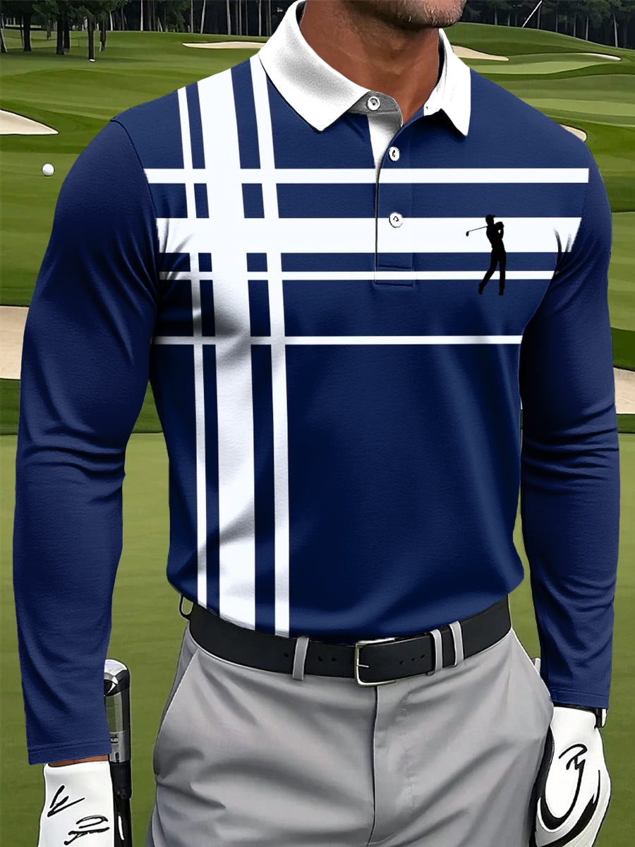 Men's Retro Striped Checkered Art Print Casual Long-Sleeved Polo Shirt