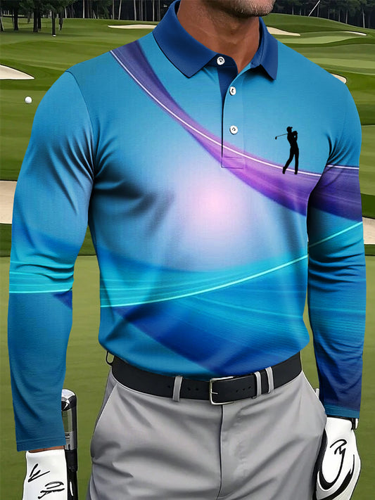 Men's Retro Abstract Line Art Print Casual Long-Sleeved Polo Shirt