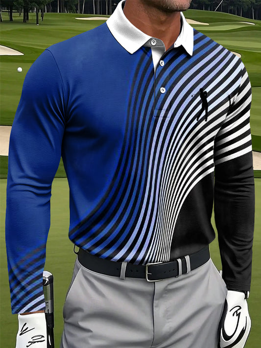 Men's Retro Wavy Line Art Print Casual Long-Sleeved Polo Shirt