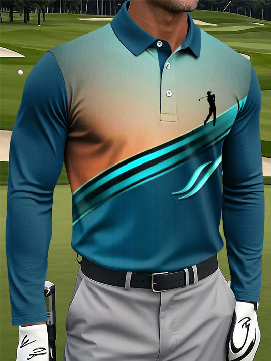 Men's Retro Gradient Line Art Print Casual Long-Sleeved Polo Shirt