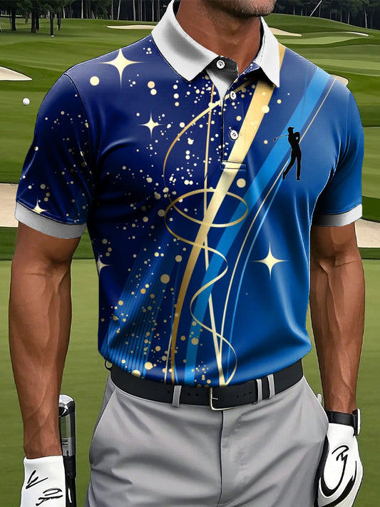 Men's Retro Abstract Line Wave Art Print Casual Polo Shirt