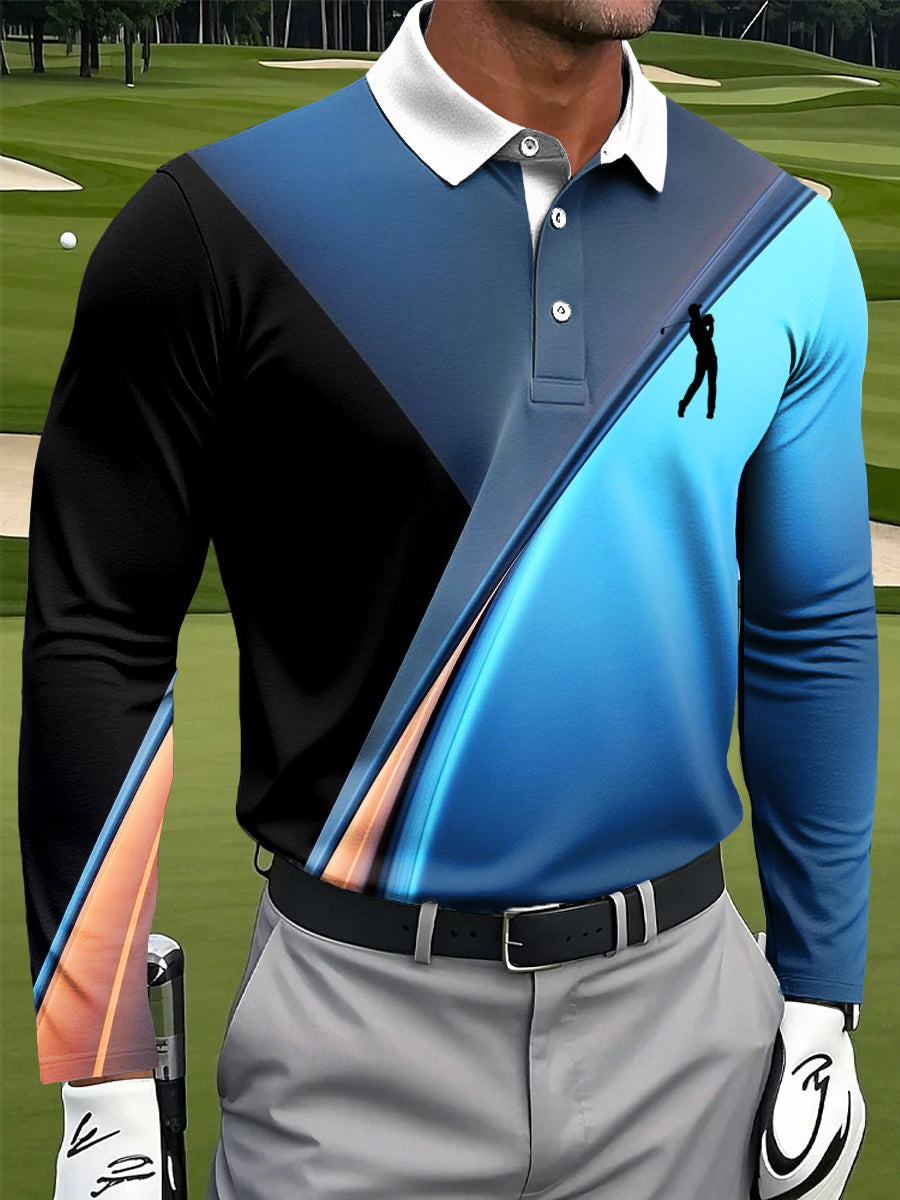 Men's Retro Multi-Color Geometric Art Print Casual Long-Sleeved Polo Shirt
