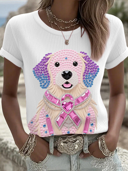 Women's Pink Rhinestone Dog Pink Ribbon Print Breast Cancer Awareness Support Tee