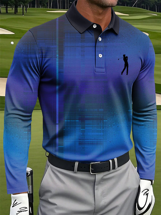 Men's Retro Gradient Texture Art Print Casual Long Sleeve Polo Shirt