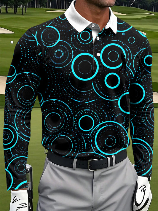 Men's Retro Abstract Circle Art Print Casual Long Sleeve Polo Shirt