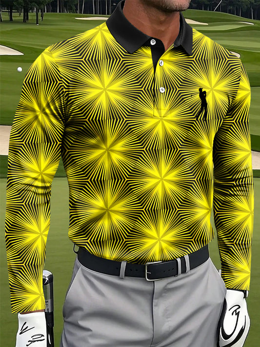 Men's Retro Abstract Geometric Art Print Casual Long Sleeve Polo Shirt