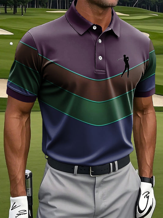 Men's Vintage-Style Colorful Striped Art Print Casual Polo Shirt