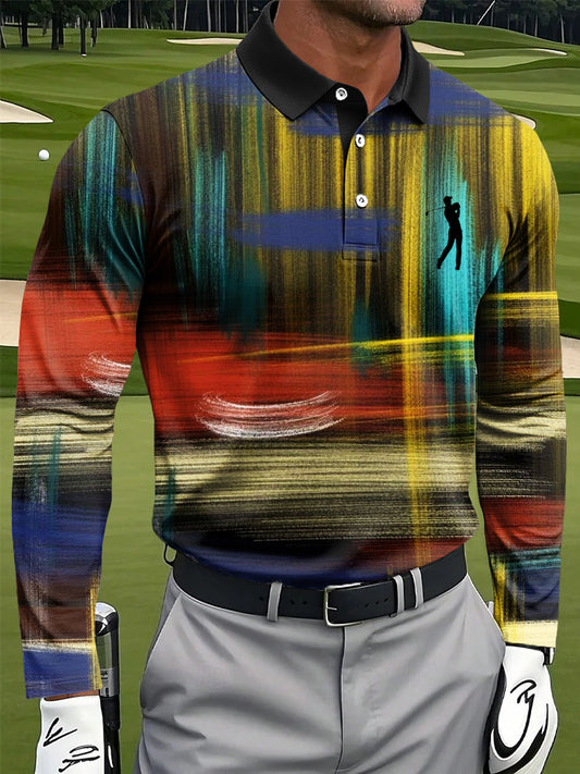 Men's Retro Abstract Plaid Art Print Casual Long Sleeve Polo Shirt