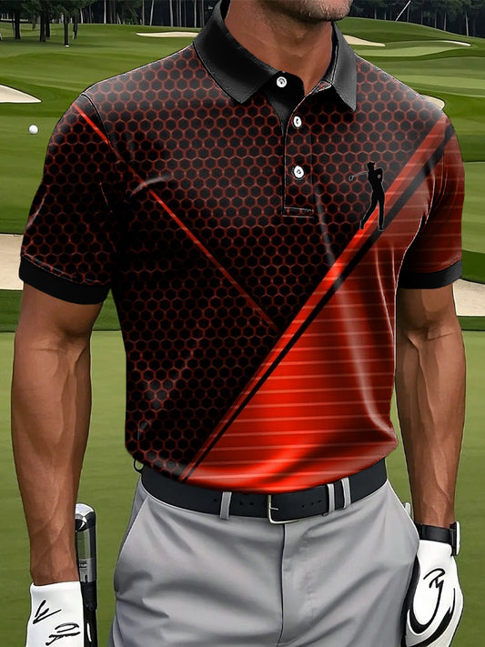 Men's Vintage-Style Striped Textured Art Print Casual Polo Shirt