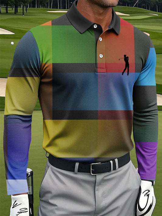 Men's Retro Color Plaid Art Print Casual Long Sleeve Polo Shirt