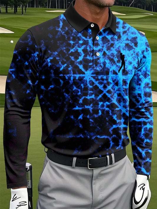 Men's Retro Gradient Geometric Art Print Casual Long Sleeve Polo Shirt