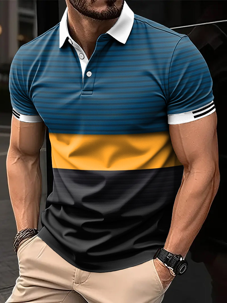 Men's Vintage Stripe Patchwork Art Print Casual Polo Shirt