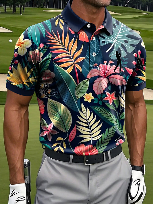 Men's Vintage Tropical Floral Art Print Casual Short-Sleeve Polo Shirt