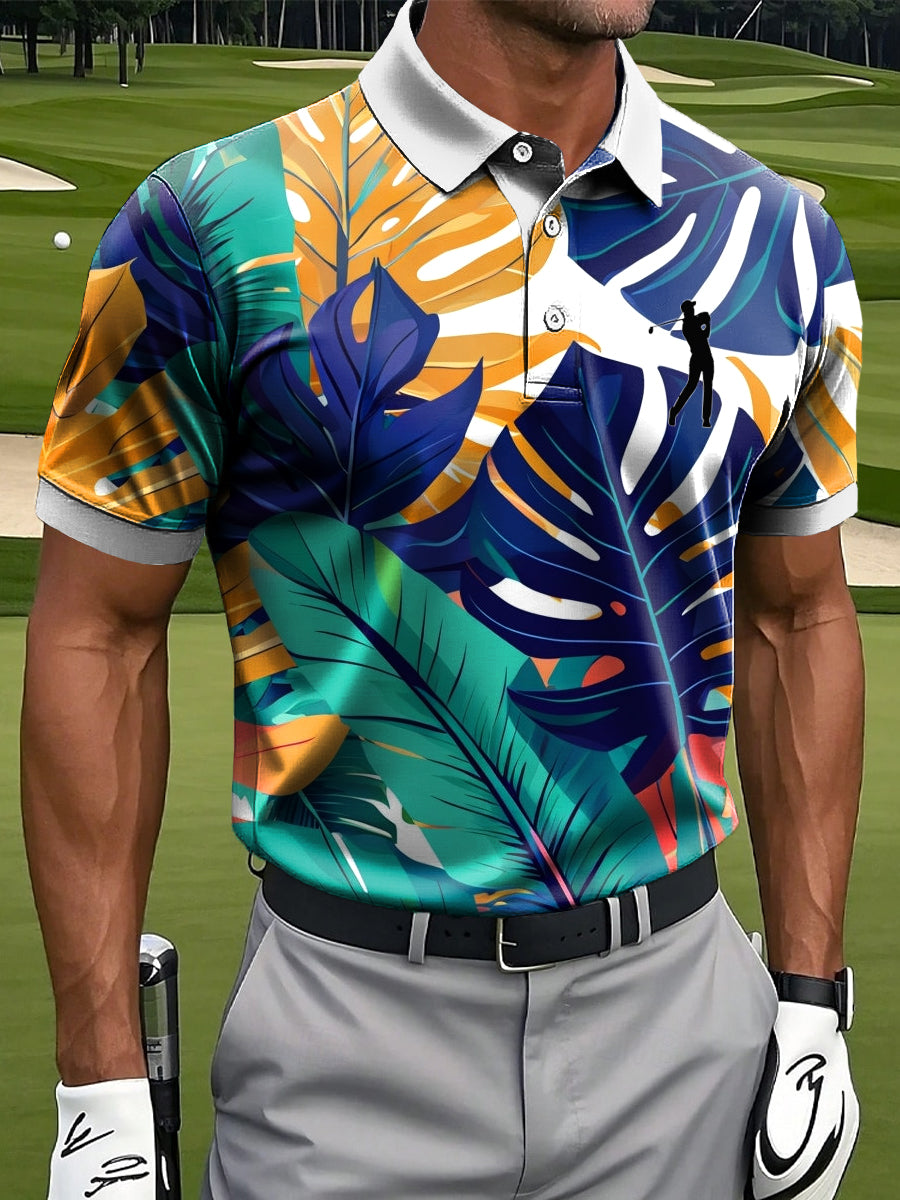 Men's Vintage Tropical Palm Leaf Art Print Casual Short-Sleeve Polo Shirt