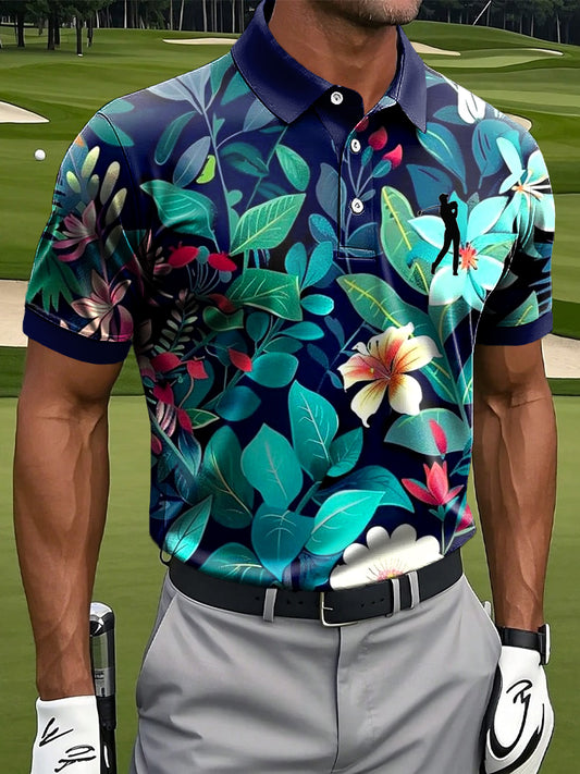 Men's Vintage Floral Art Print Casual Short-Sleeve Polo Shirt