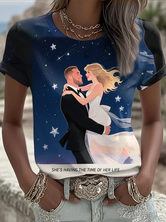 Retro Music Festival Taylor Swift & Travis Kelce Engaged Print Comfortable Casual Cotton Short-sleeved T-shirt