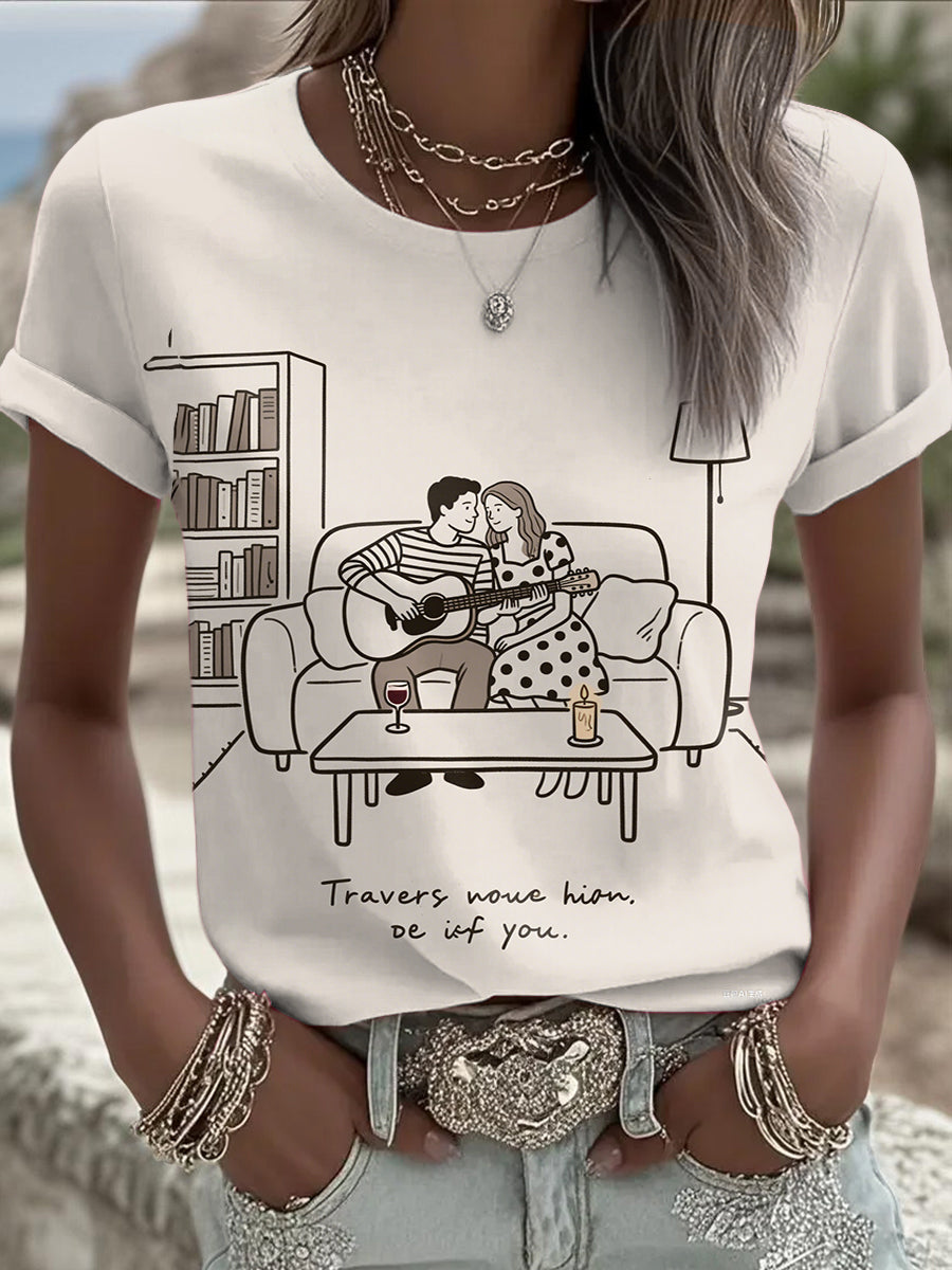 Retro Music Festival Taylor Swift & Travis Kelce Engaged Print Comfortable Casual Cotton Short-sleeved T-shirt
