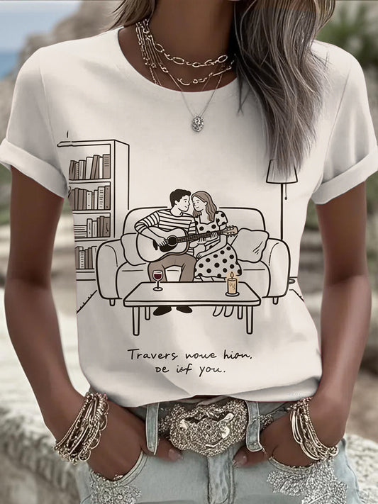 Retro Music Festival Taylor Swift & Travis Kelce Engaged Print Comfortable Casual Cotton Short-sleeved T-shirt