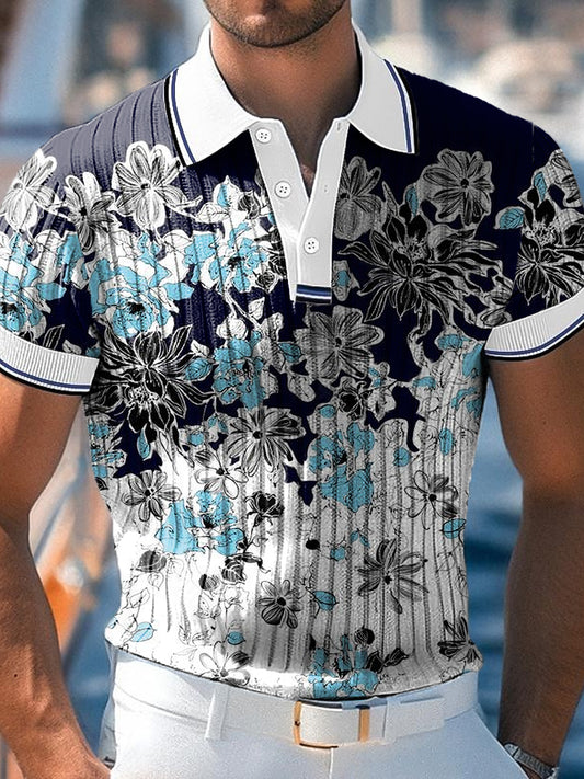 Men's Vintage Floral Art Print Business Casual Polo Shirt