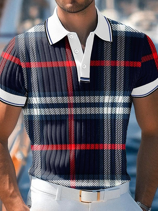 Men's Vintage Plaid Art Print Business Casual Polo Shirt