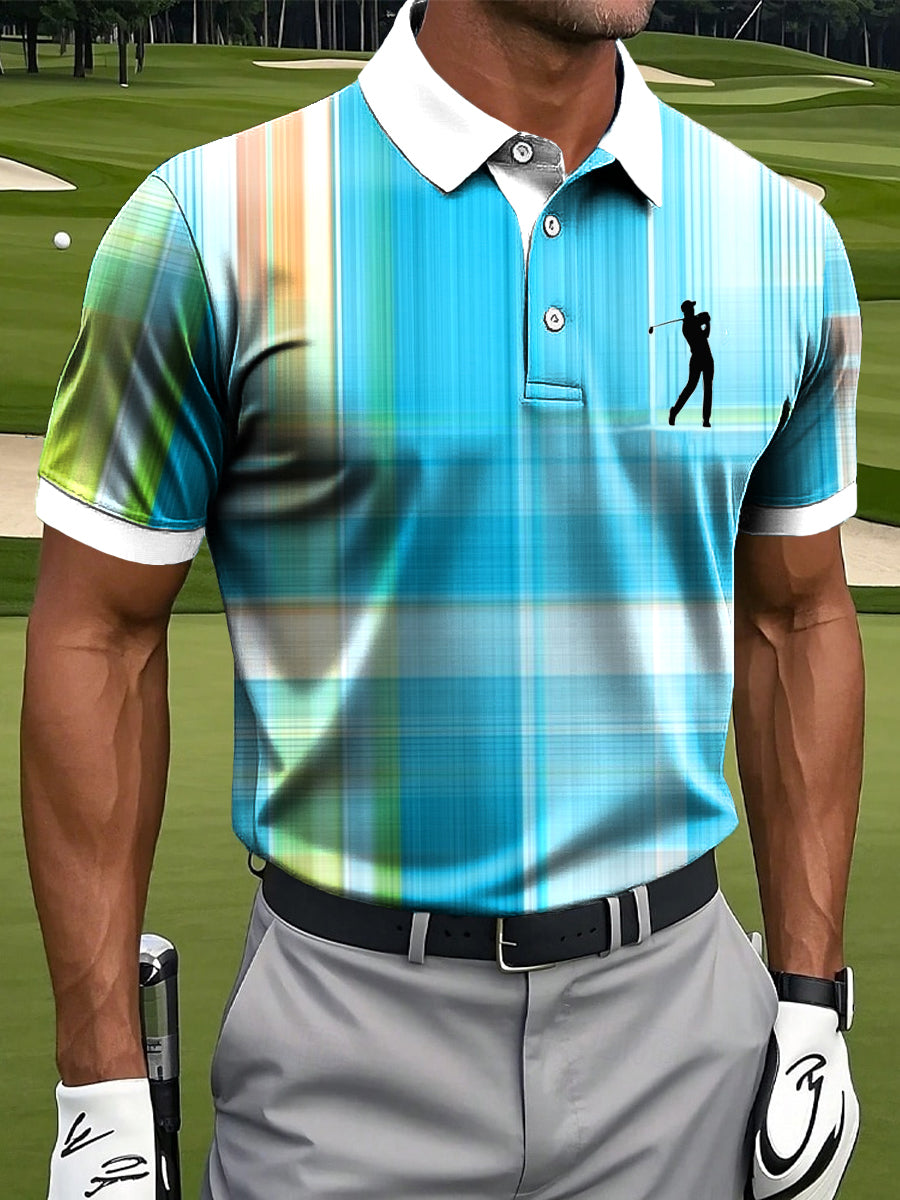 Men's Retro Abstract Line Check Art Print Casual Business Polo Shirt