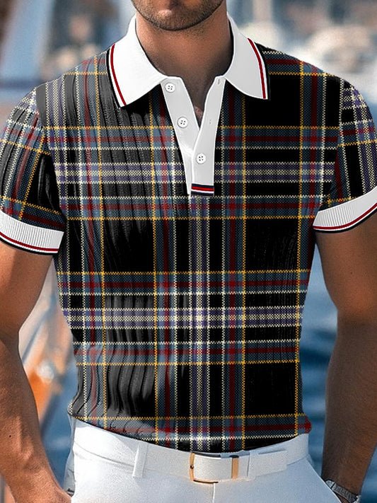 Men's Vintage Plaid Art Print Business Casual Polo Shirt