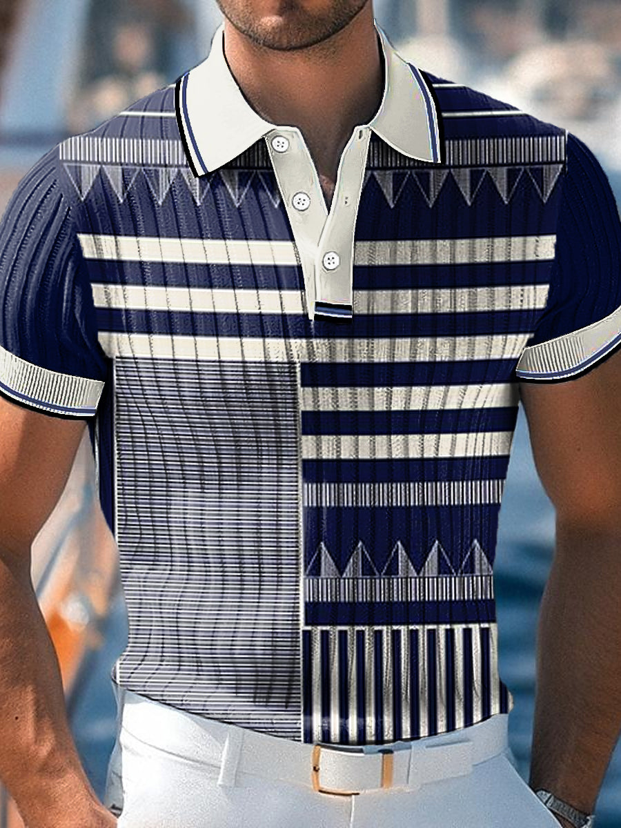 Men's Vintage Abstract Line Art Print Business Casual Polo Shirt