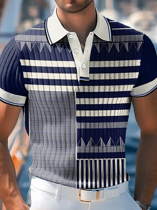 Men's Vintage Abstract Line Art Print Business Casual Polo Shirt