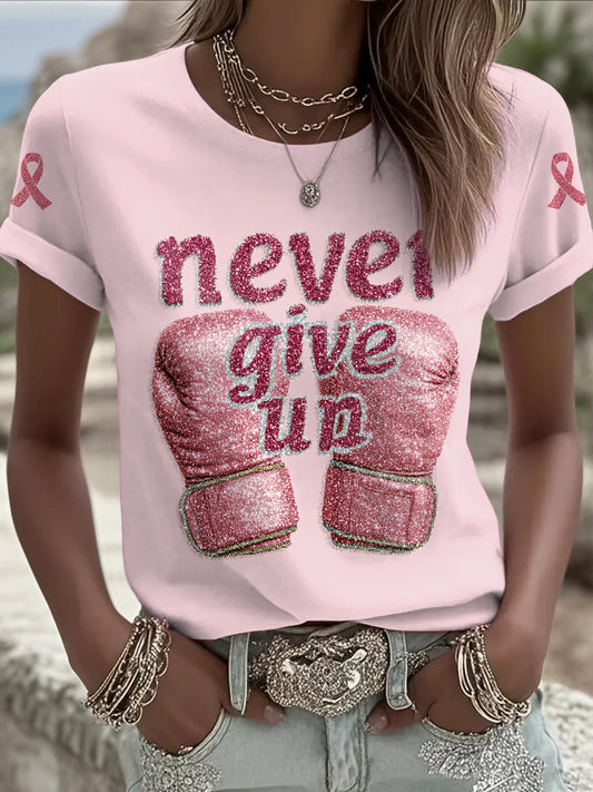 Women's Breast Cancer Printed Vintage Fashion Loose Short Sleeve T-Shirt