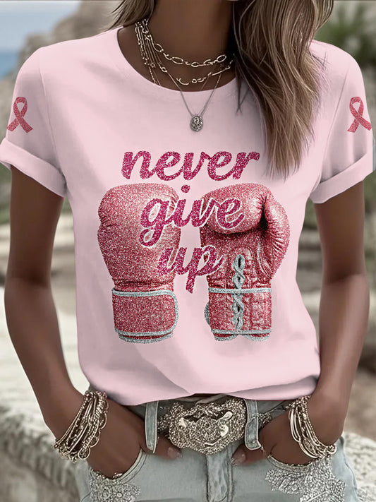 Women's Breast Cancer Printed Vintage Fashion Loose Short Sleeve T-Shirt