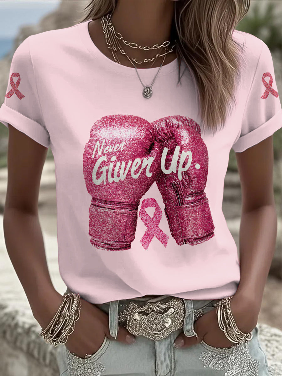 Women's Breast Cancer Printed Vintage Fashion Loose Short Sleeve T-Shirt
