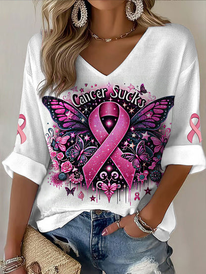 Women's V-neck Mid-Sleeve Breast Cancer Printed Casual T-shirt